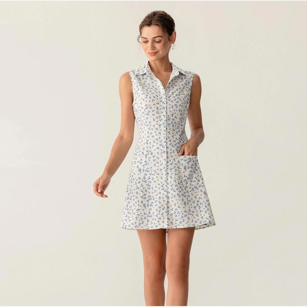 RIHOAS Blue Floral Pocket Sleeveless Mini Dress L